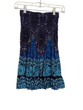 Lanna Clothes Design Blue Floral Smocked Waist Skirt